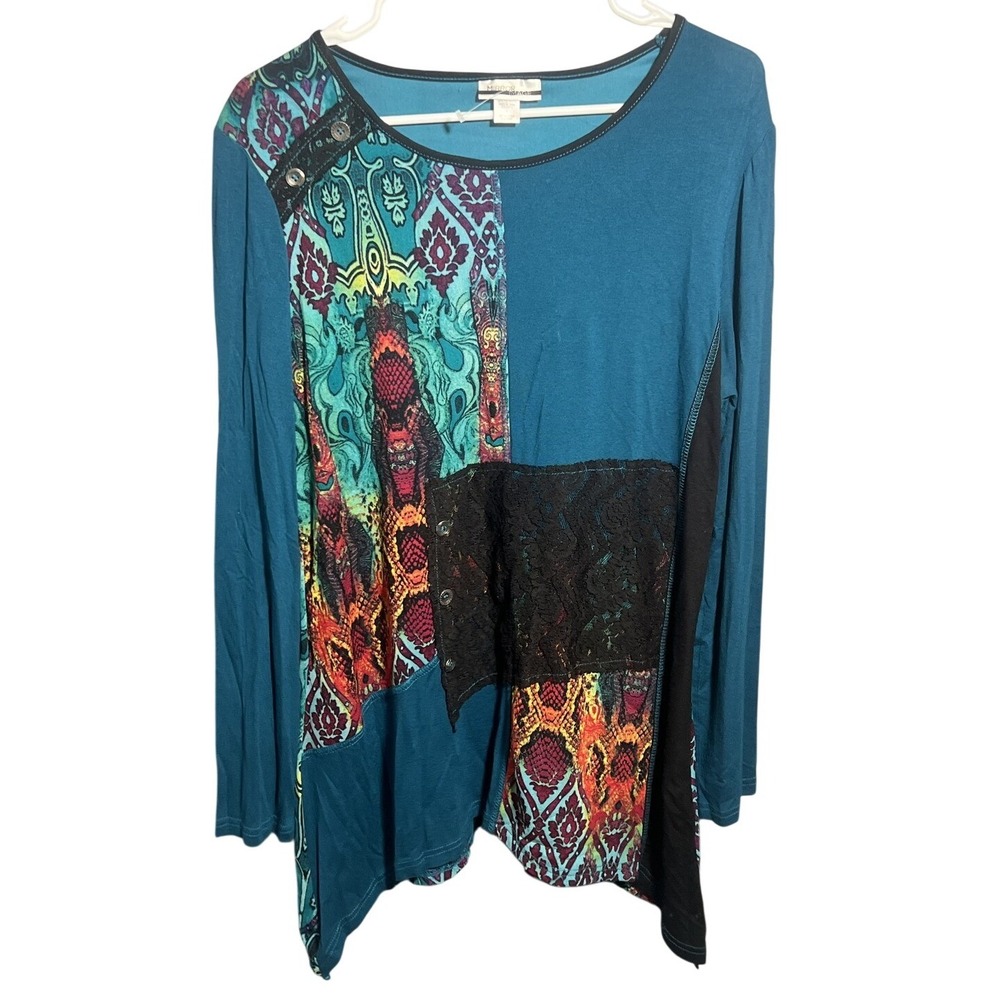 Mirror Image Women's L‎ Teal Multi-Color Asymmetrical Hem Patchwork Tunic Top